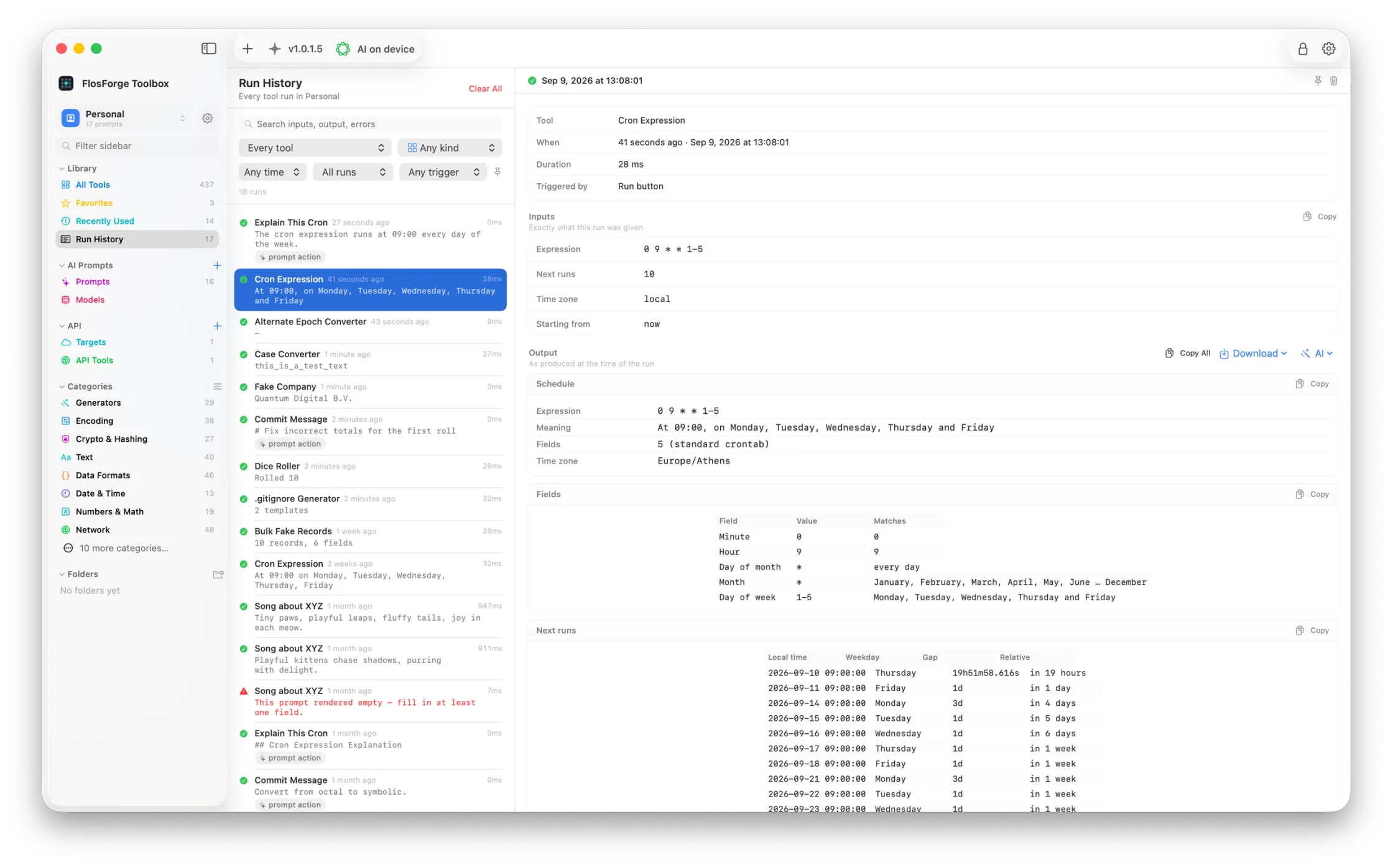Run History for the workspace, with one entry expanded to show its inputs and output