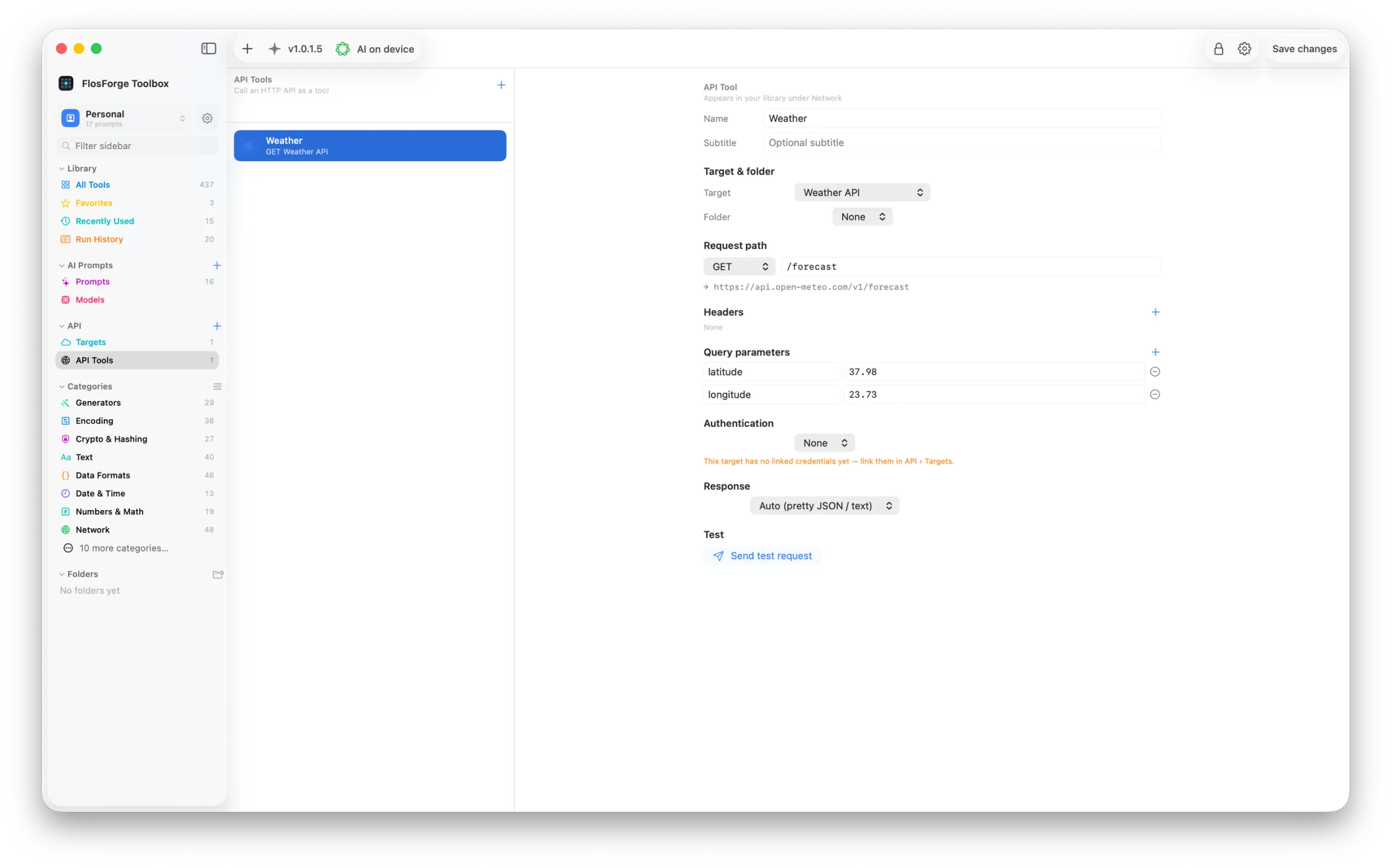 The API tool editor, with a request path, query parameters and a test button