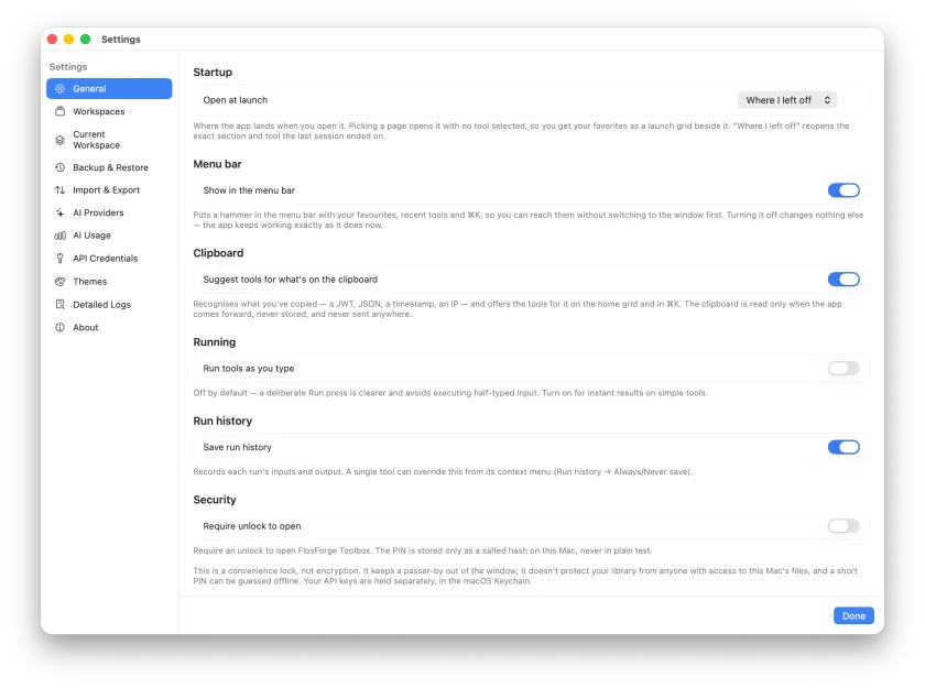 The General settings pane, showing the clipboard, running and history options