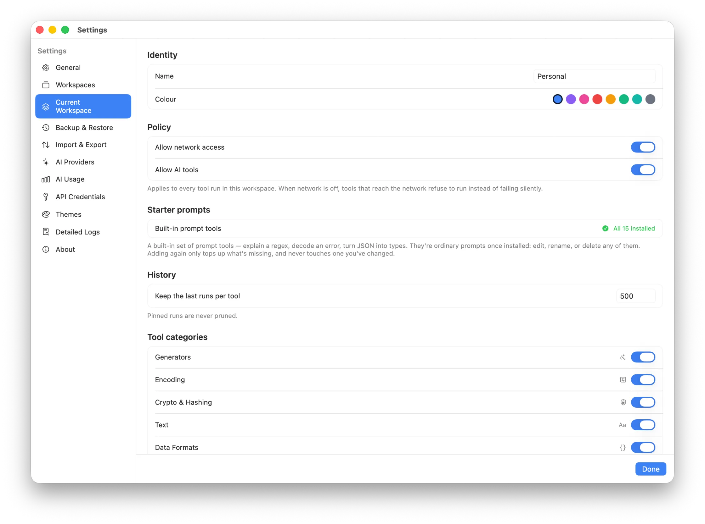 The Current Workspace settings pane, showing the network and AI policy switches