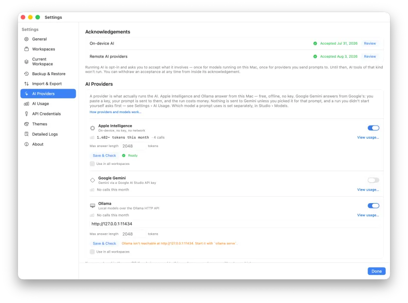 The AI Providers settings pane, showing the acknowledgements and each provider’s state