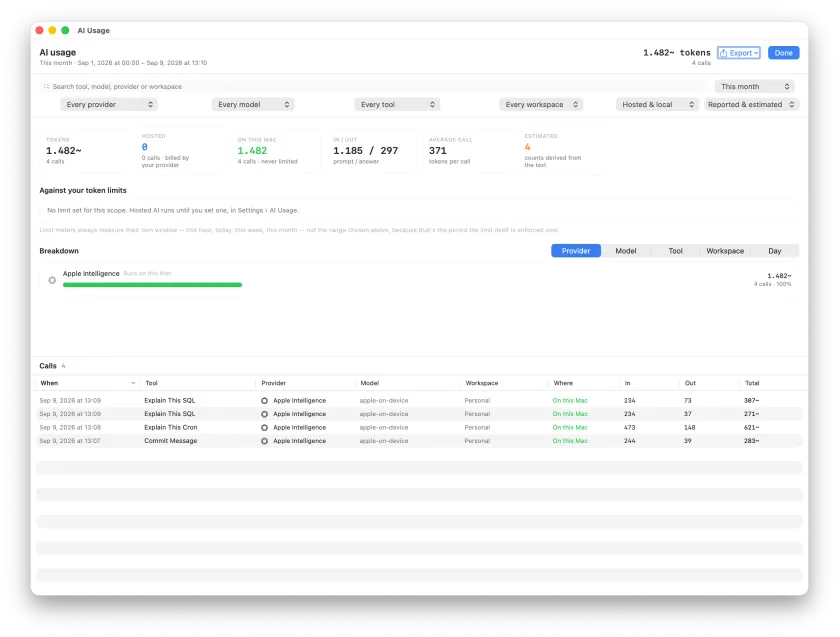 The AI usage report window, with totals, a breakdown by provider and a list of calls