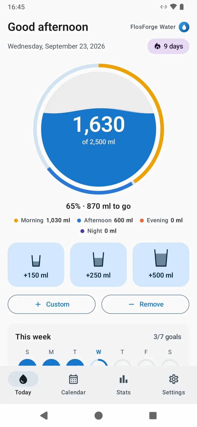 The Today screen, with a ring filling toward the day’s water goal, a split by time of day, and three cup buttons