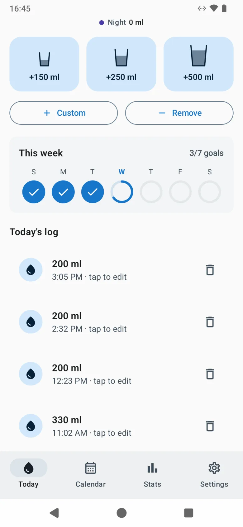 Further down Today: the cup buttons, this week as seven rings, and today’s log with the time of each drink
