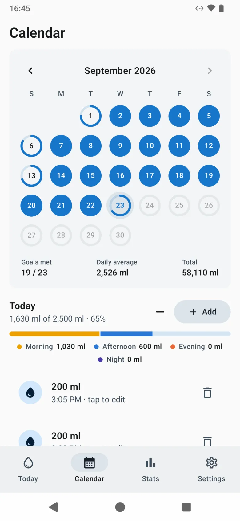 The calendar for the month, each day a ring showing how close it came to the goal, with goals met, daily average and total below