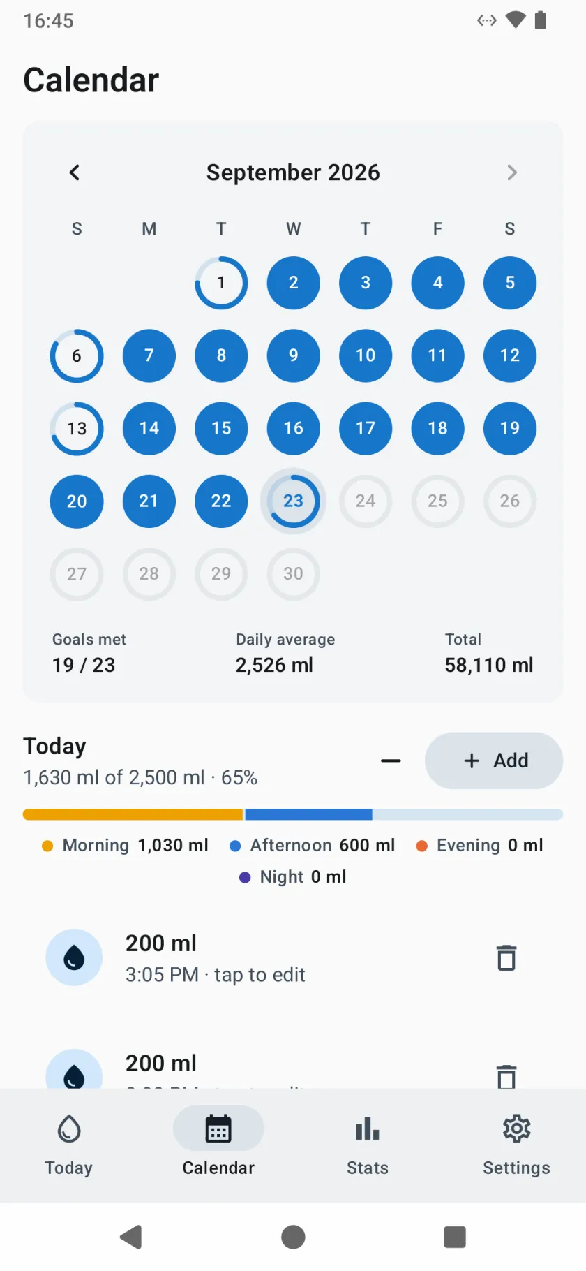 The calendar for the month, each day a ring showing how close it came to the goal, with goals met, daily average and total below