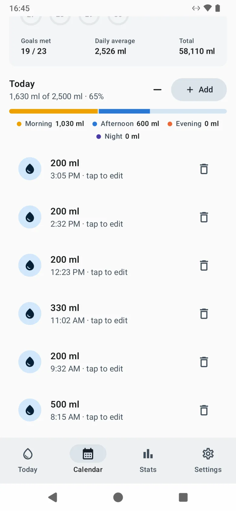 A day opened from the calendar, with its total, a split by time of day, an Add button and that day’s drinks