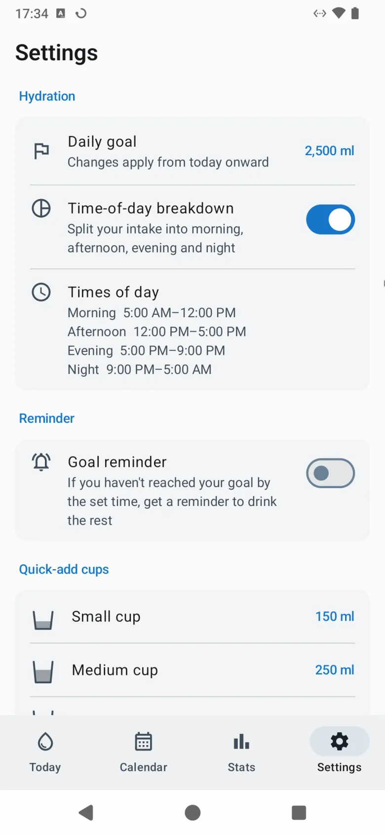 Settings, with the daily goal, the time-of-day breakdown and its hours, the goal reminder and the quick-add cups