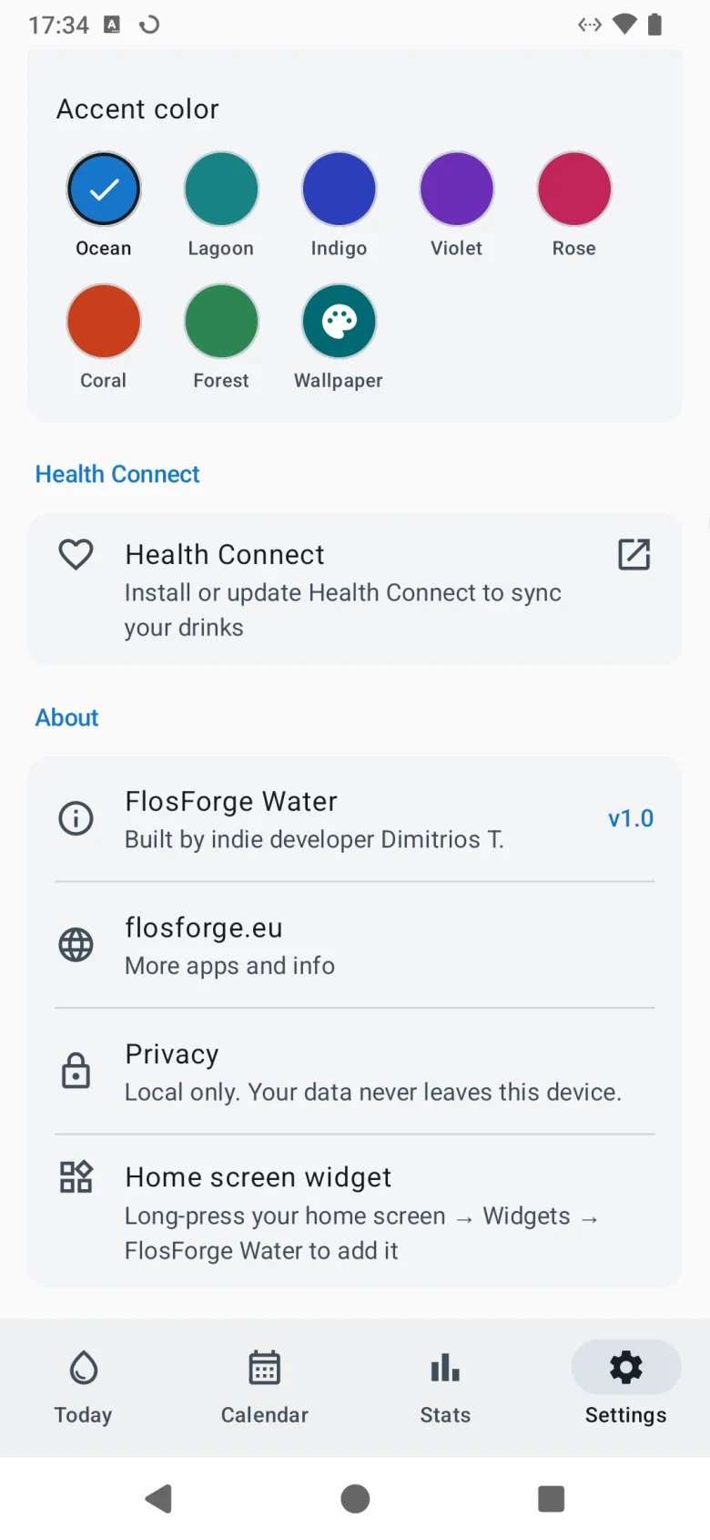 Further down Settings: accent colour, Health Connect, and About, with the privacy line and how to add the home-screen widget