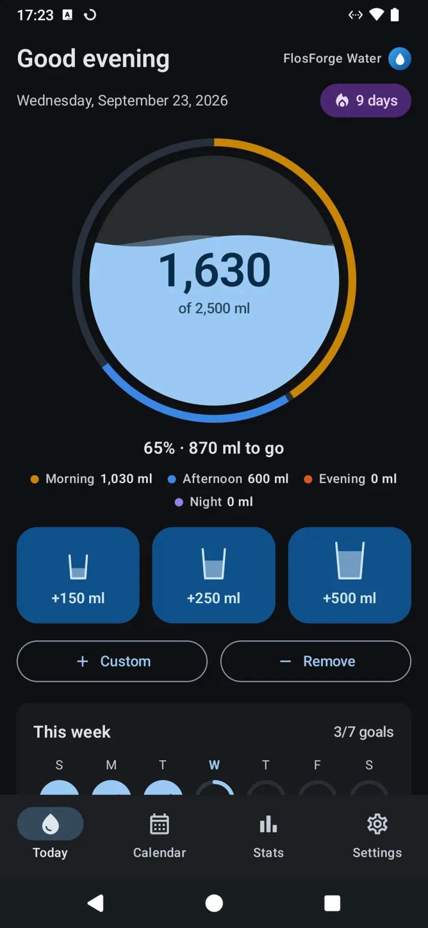 The Today screen, with a ring filling toward the day’s water goal, a split by time of day, and three cup buttons