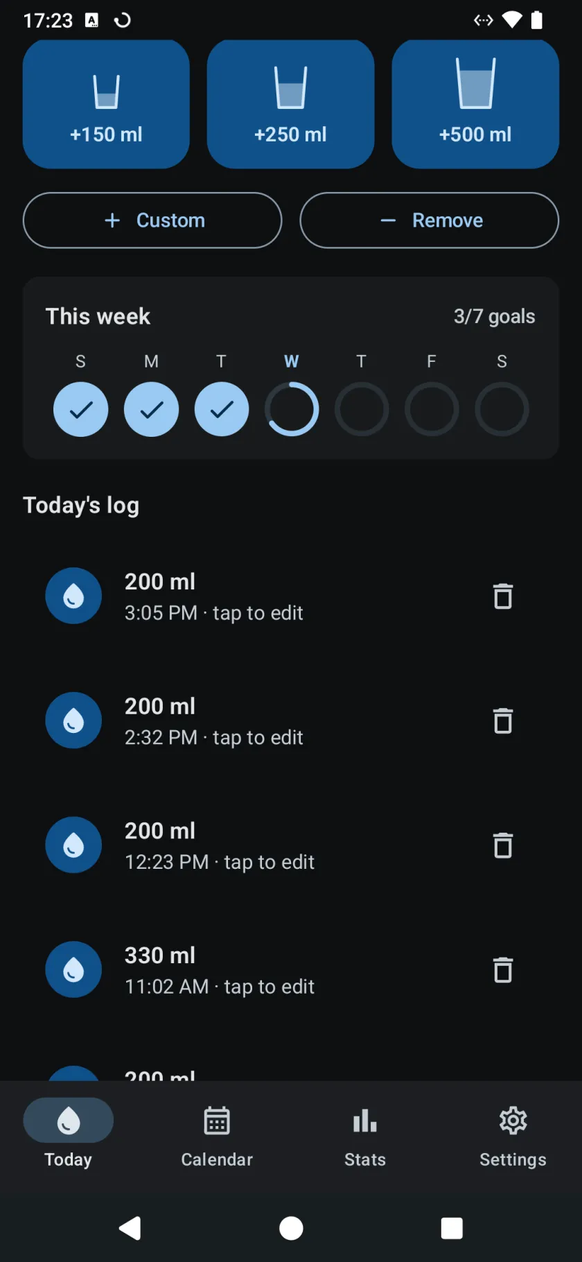 Further down Today: the cup buttons, this week as seven rings, and today’s log with the time of each drink