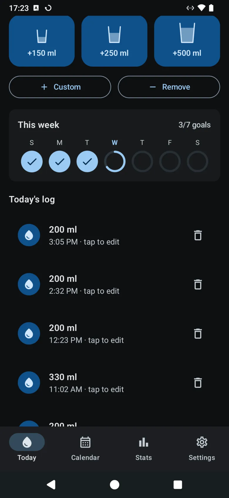 Further down Today: the cup buttons, this week as seven rings, and today’s log with the time of each drink