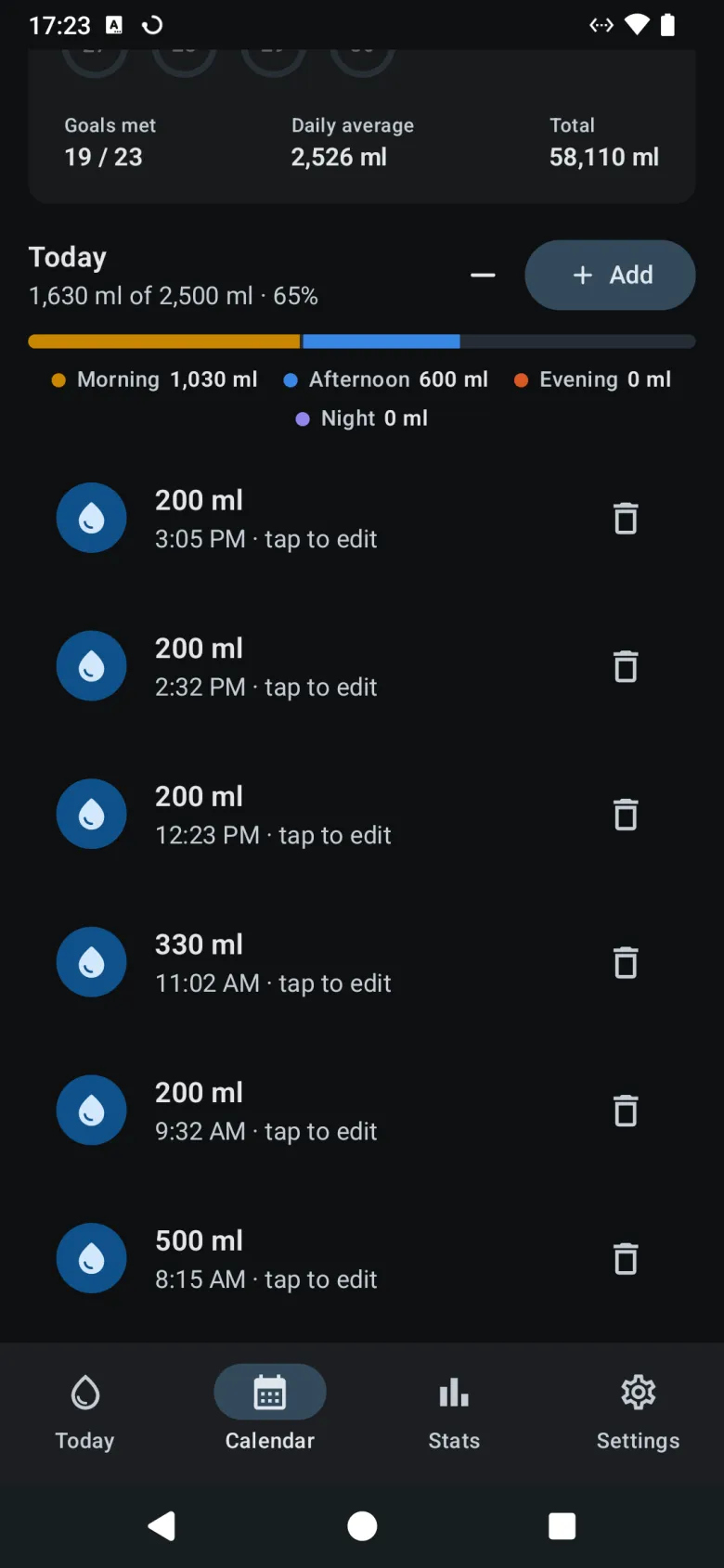 A day opened from the calendar, with its total, a split by time of day, an Add button and that day’s drinks