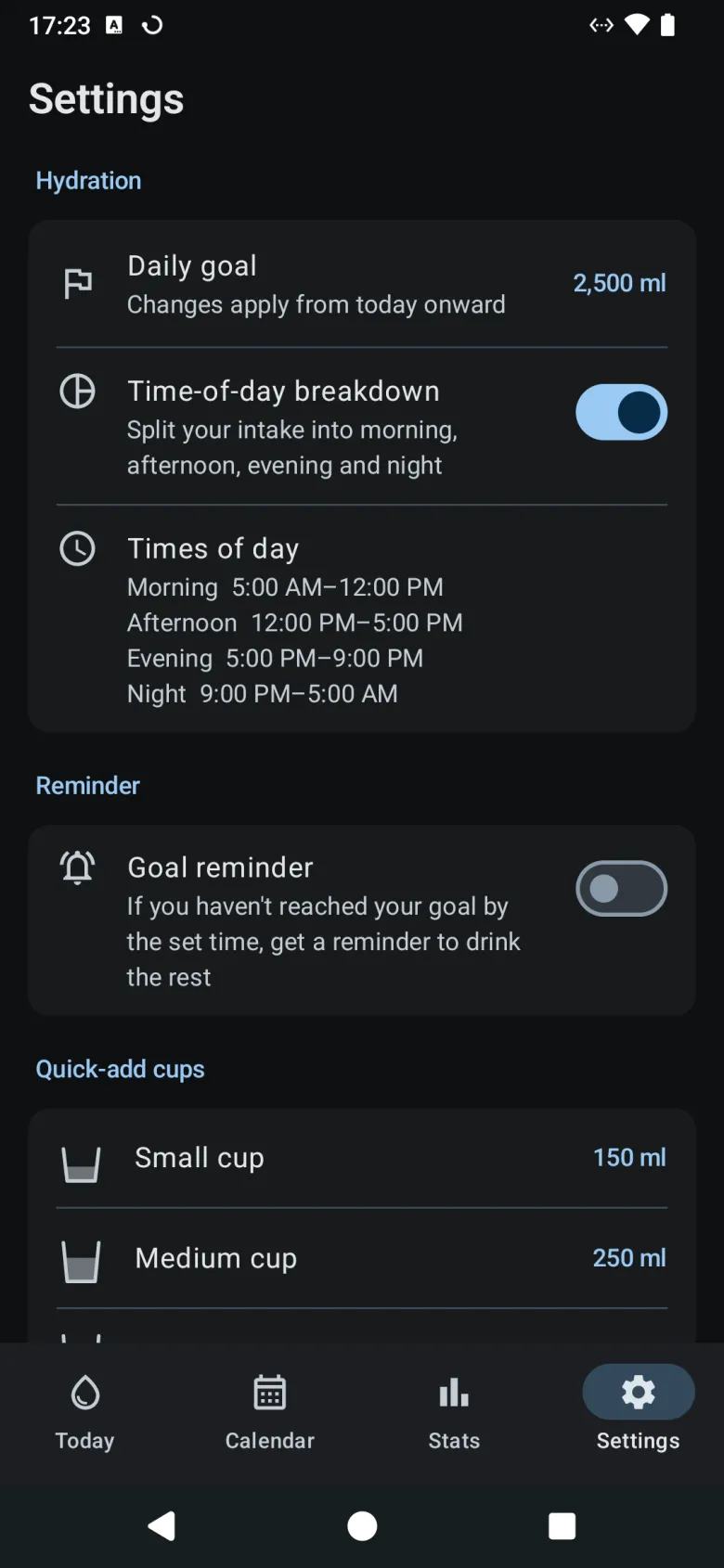 Settings, with the daily goal, the time-of-day breakdown and its hours, the goal reminder and the quick-add cups