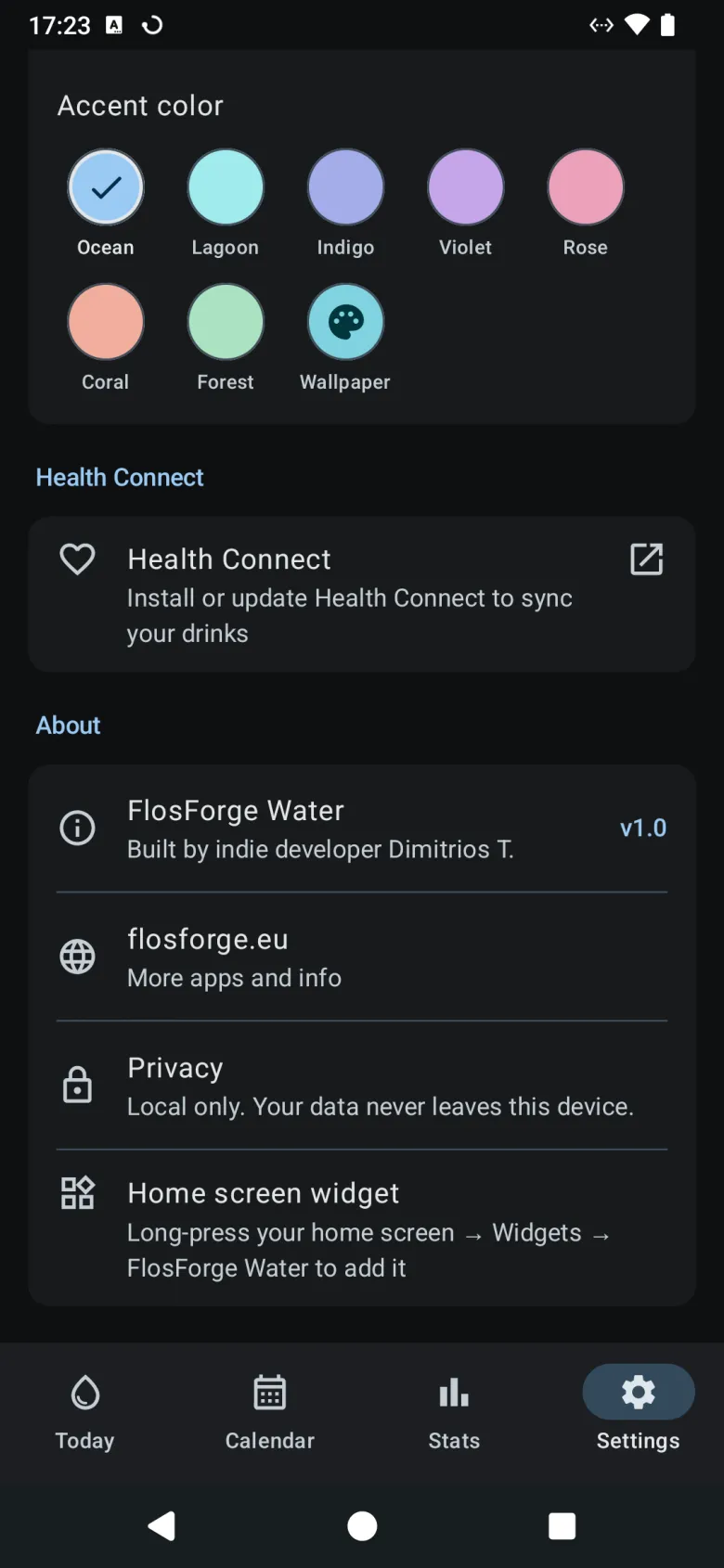 Further down Settings: accent colour, Health Connect, and About, with the privacy line and how to add the home-screen widget