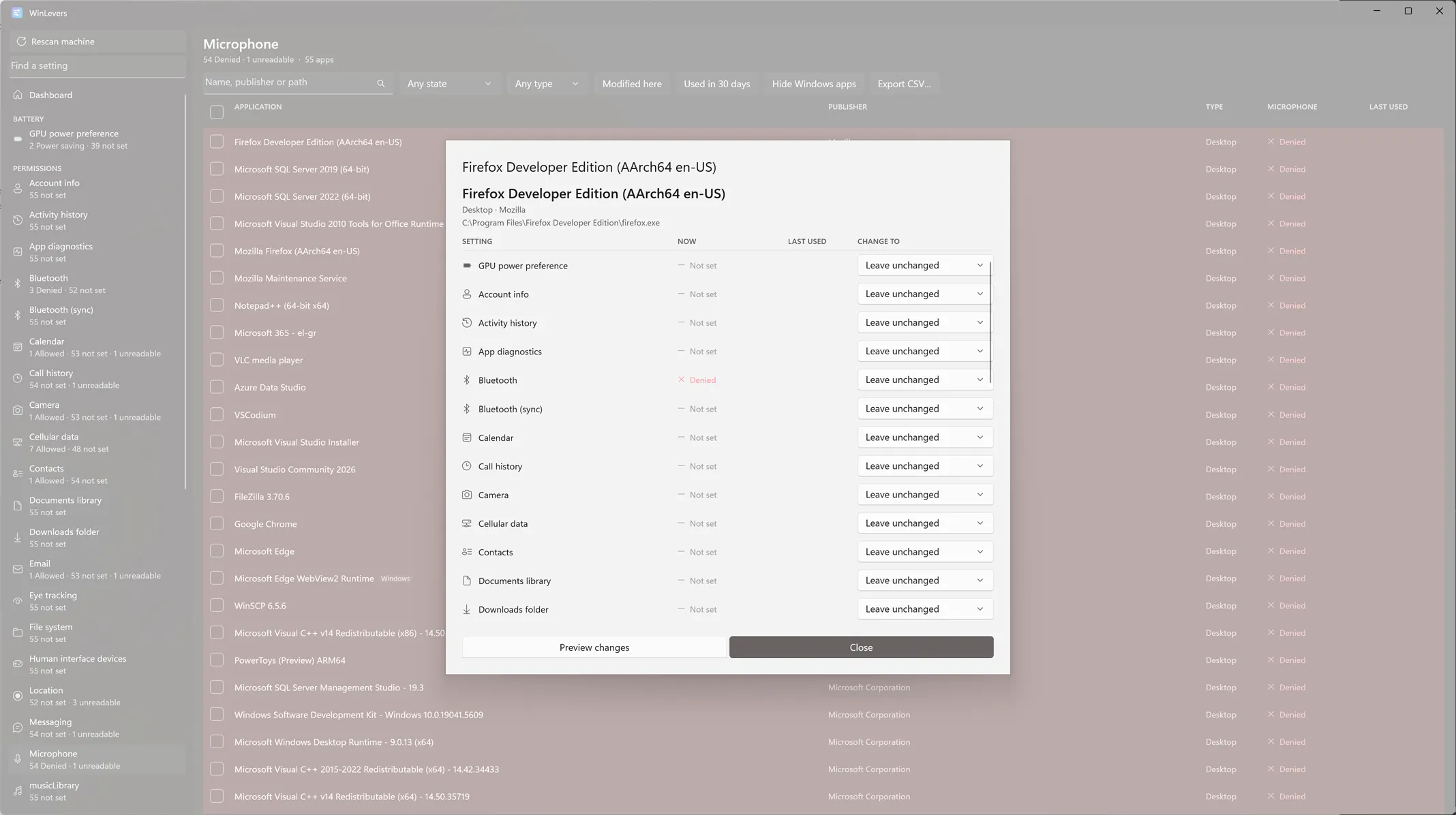 The per-app dialog, showing each setting with its current value and a change-to dropdown