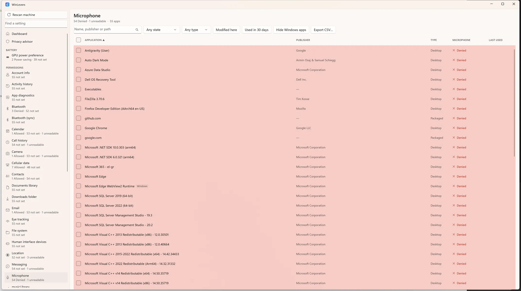 The Microphone lever, listing every application with its publisher, type and state