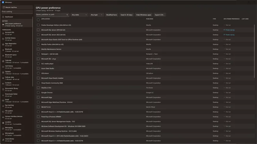 The GPU power preference lever, listing applications with power saving or no setting