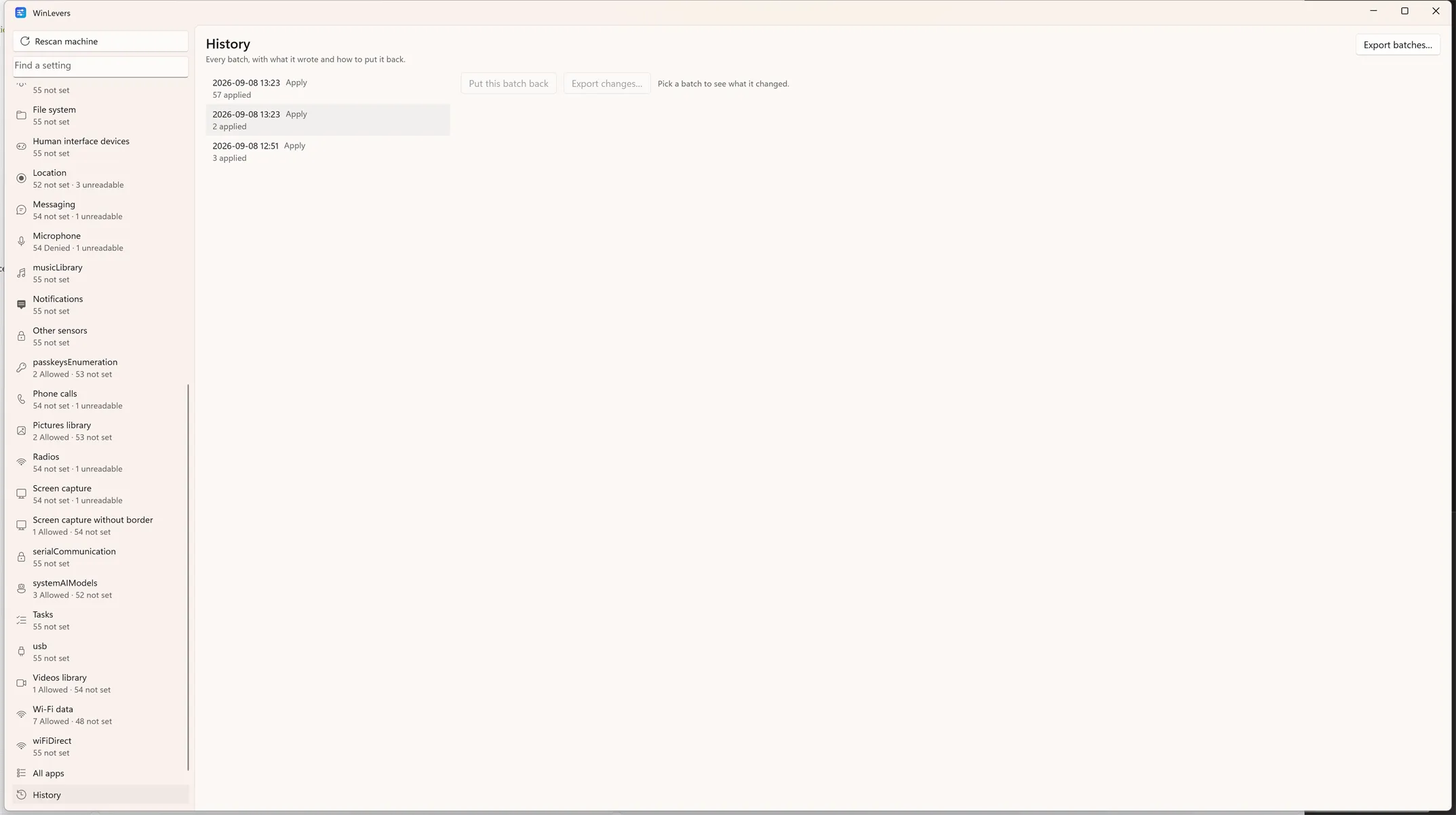 The History pane, listing applied batches with the option to put one back